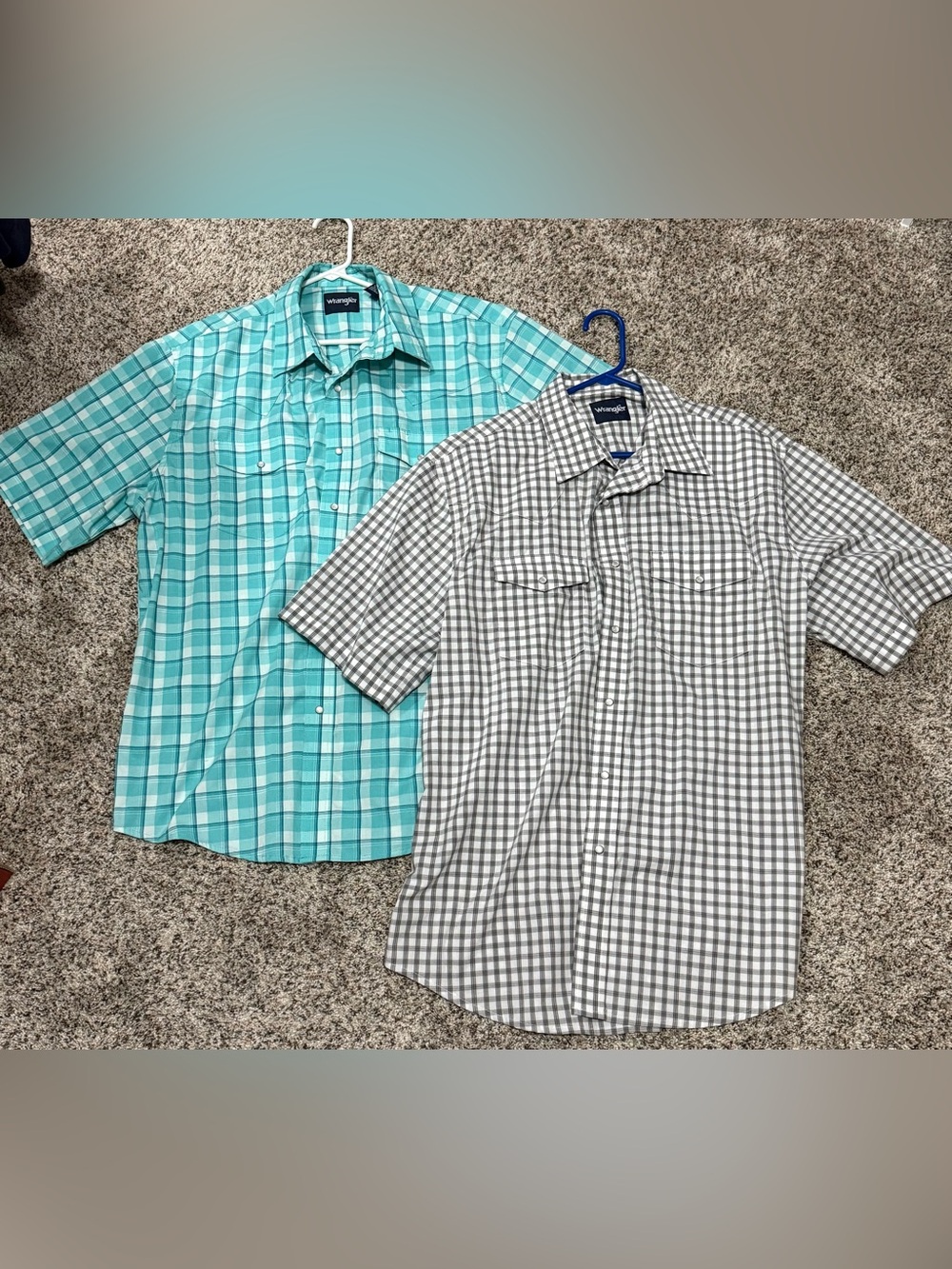 *Bundle* 2 Wrangler Men's Short Sleeve Plaid Snap button Shirts - Teal & Gray